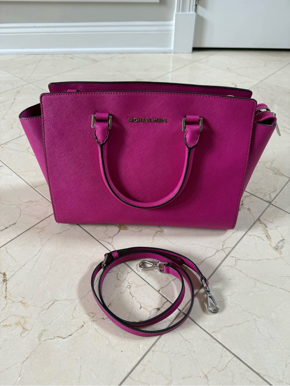 Michael Kors Fuchsia Saffiano Leather Satchel with Strap